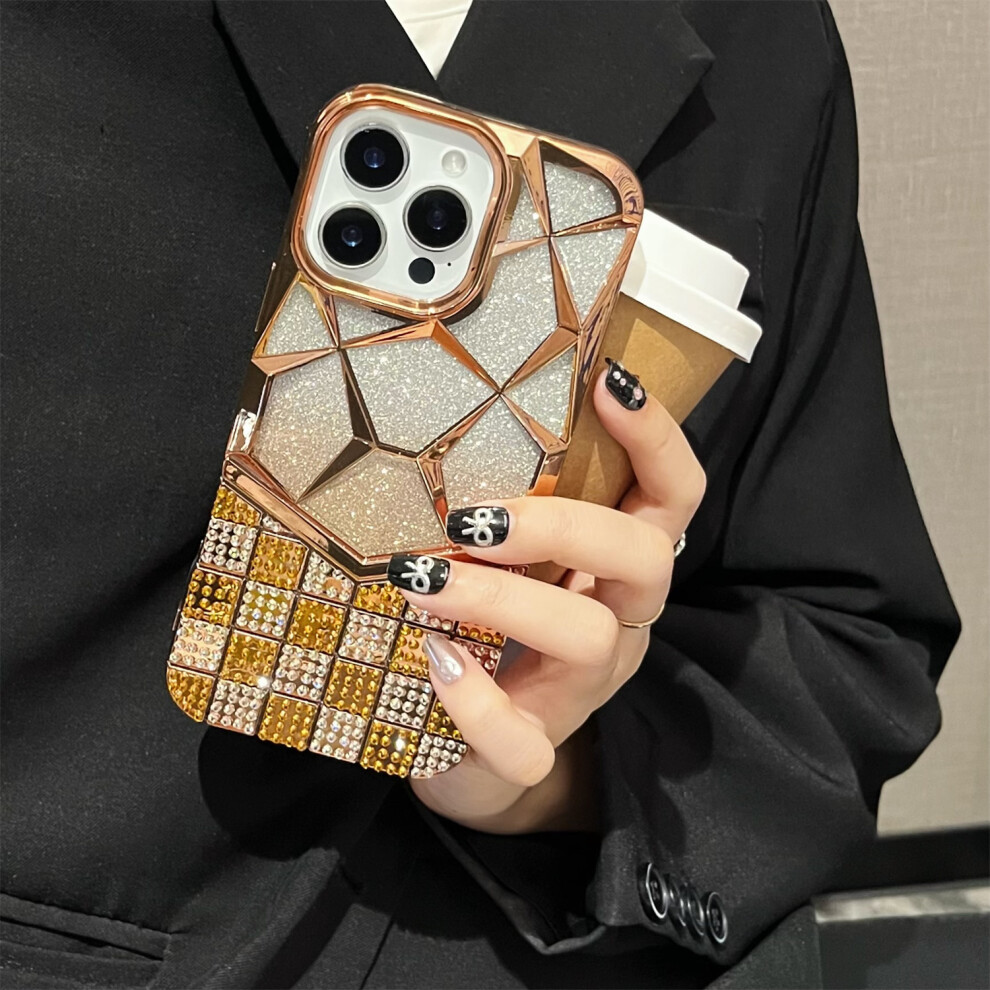 (Yellow) For Iphone 16 Pro Case With Glitter Paper Plate Geometric Diamond Pattern Rhinestone Electroplating Tpu Phone Cover Yellow 6914296803532