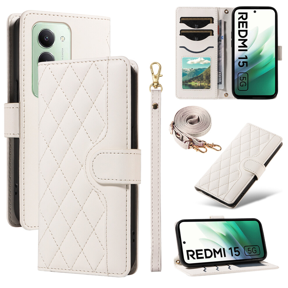 (White) For Xiaomi Redmi 15 5G (Global) (169Mm) Wallet Case Rhombus Leather Phone Cover With Strap White 6914299628538