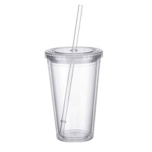 Double-walled plastic coffee mug with lid and straw 500 ml
