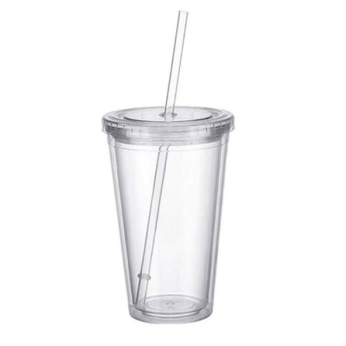 Double-walled plastic coffee mug with lid and straw 500 ml