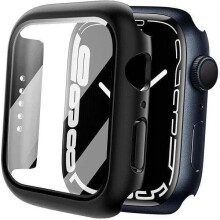 Ag luí leis an Apple Watchle Cás Apple Watch7/8 45mm le Cosantóir Scáileáin Gloine Tempered - Dubh Trédhearcach