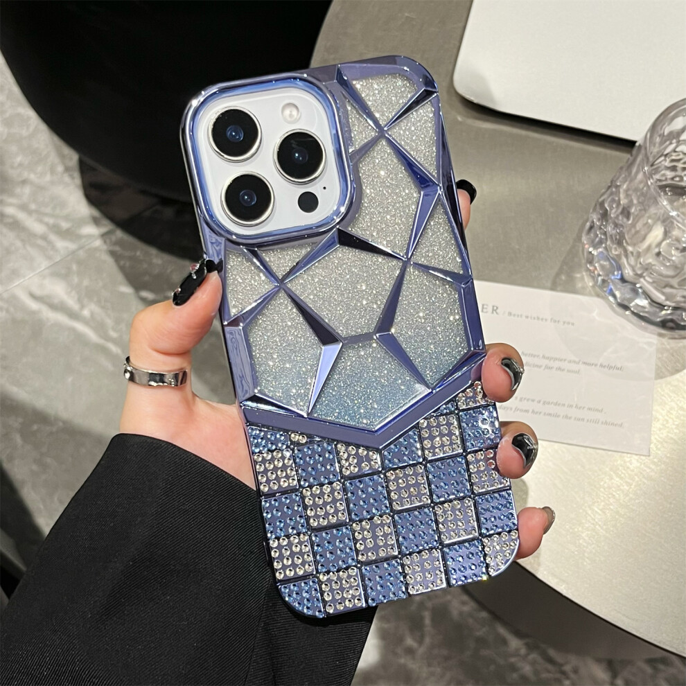 (Blue) For Iphone 16 Pro Case With Glitter Paper Plate Geometric Diamond Pattern Rhinestone Electroplating Tpu Phone Cover Blue 6914291510152