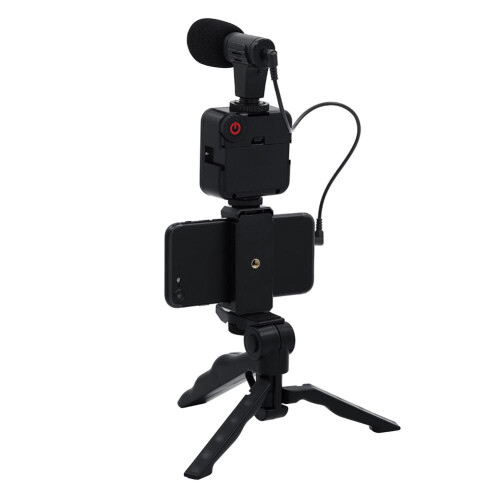 Kit de vídeo para smartphone com tripé, suporte para celular compatível com iPhone/Android, microfone estéreo e luz LED para vlogs. 2