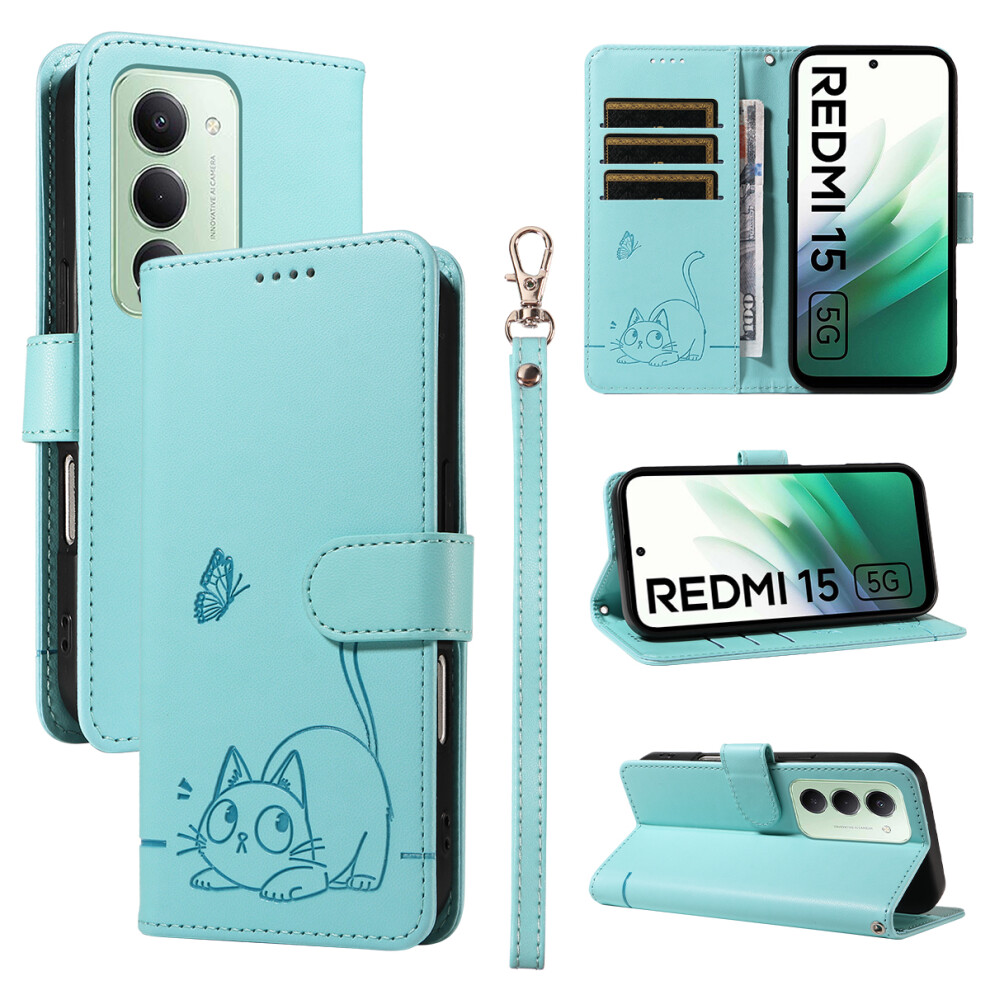 (Green) For Xiaomi Redmi 15 5G (Global) (169Mm) Case Cat Pattern Imprint Leather Phone Cover With Wrist Strap Green 6914290501212