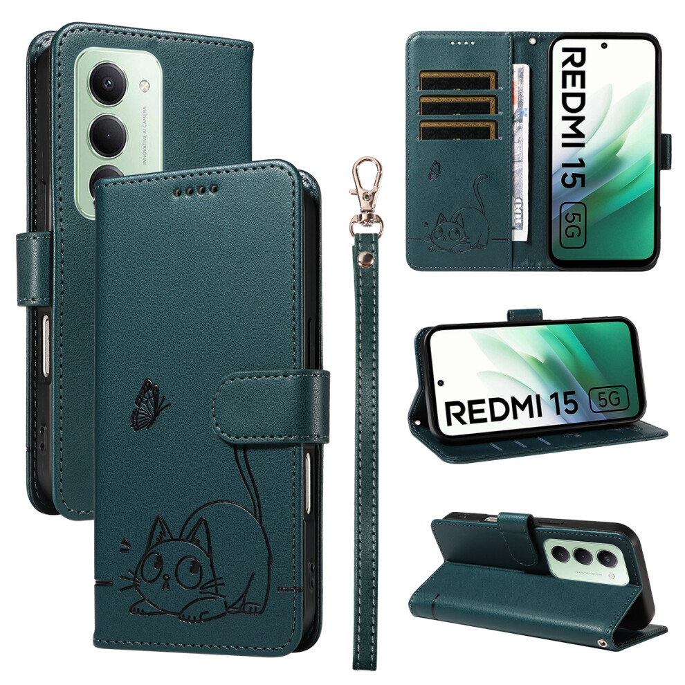 (Blue) For Xiaomi Redmi 15 5G (Global) (169Mm) Case Cat Pattern Imprint Leather Phone Cover With Wrist Strap Blue 6914297412559