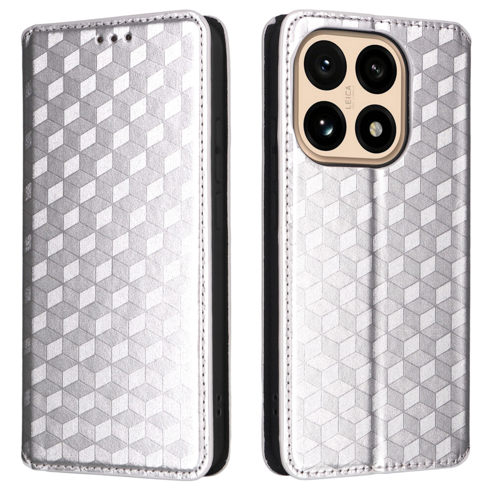(Silver) For Xiaomi 15T Case Wallet Rhombus Imprinted Leather Phone Cover Silver 6914292881510