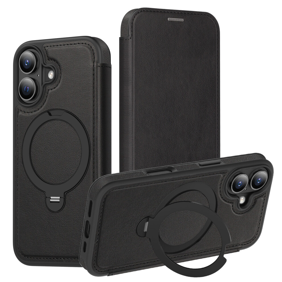 (Black) For Iphone 17 Case Compatible With Magsafe Rfid Blocking Leather Wallet Cover With Rotating Ring Kickstand Black 6914291523176