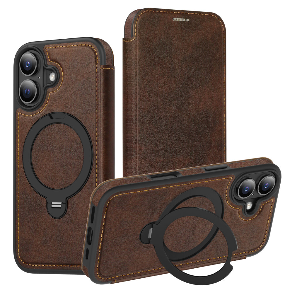 (Coffee) For Iphone 17 Case Compatible With Magsafe Rfid Blocking Leather Wallet Cover With Rotating Ring Kickstand Brown 6914295665063