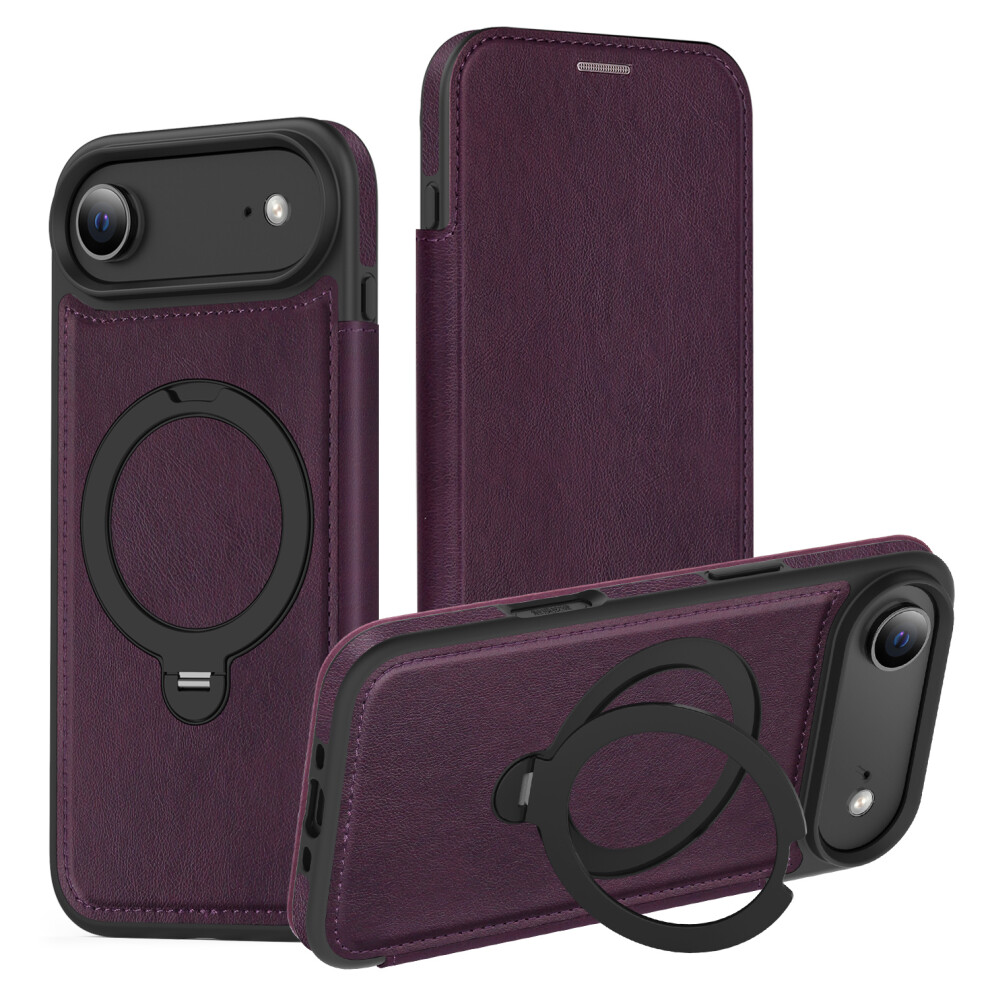 (Dark ) For Iphone Air Case Compatible With Magsafe Rfid Blocking Leather Wallet Cover With Rotating Ring Kickstand Purple 6914296162134