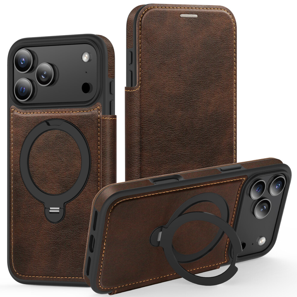 (Coffee) For Iphone 17 Pro Max Case Compatible With Magsafe Rfid Blocking Leather Wallet Cover With Rotating Ring Kickstand Brown 6914290890910