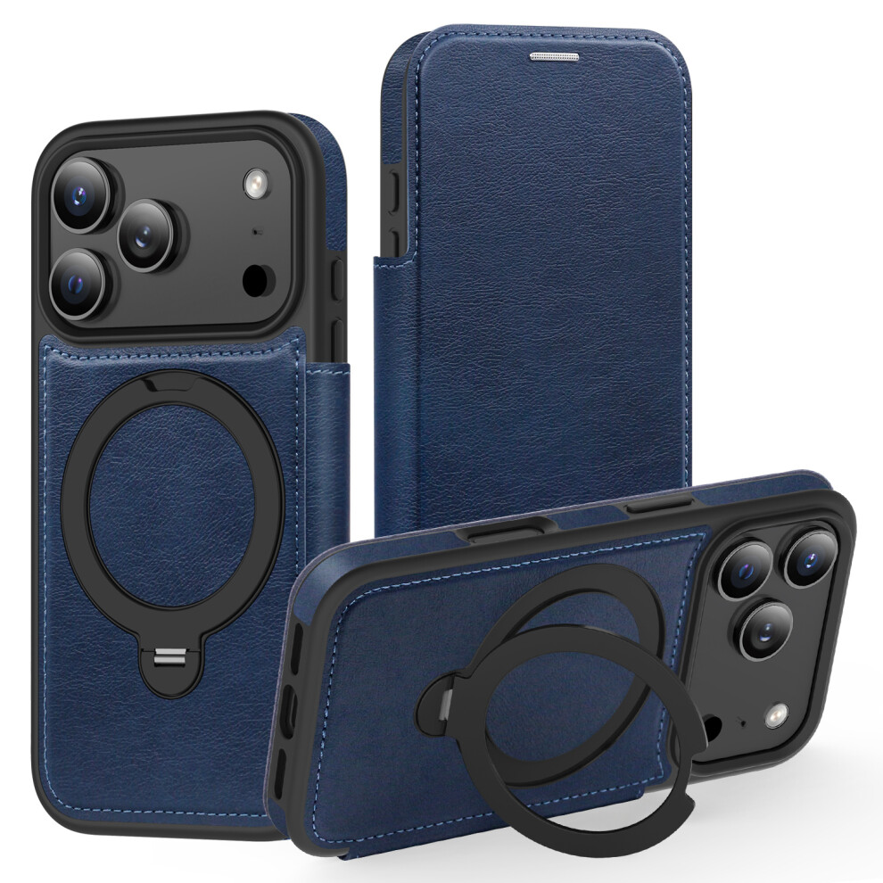 (Sapphire) For Iphone 17 Pro Case Compatible With Magsafe Rfid Blocking Leather Wallet Cover With Rotating Ring Kickstand Blue 6914297370262