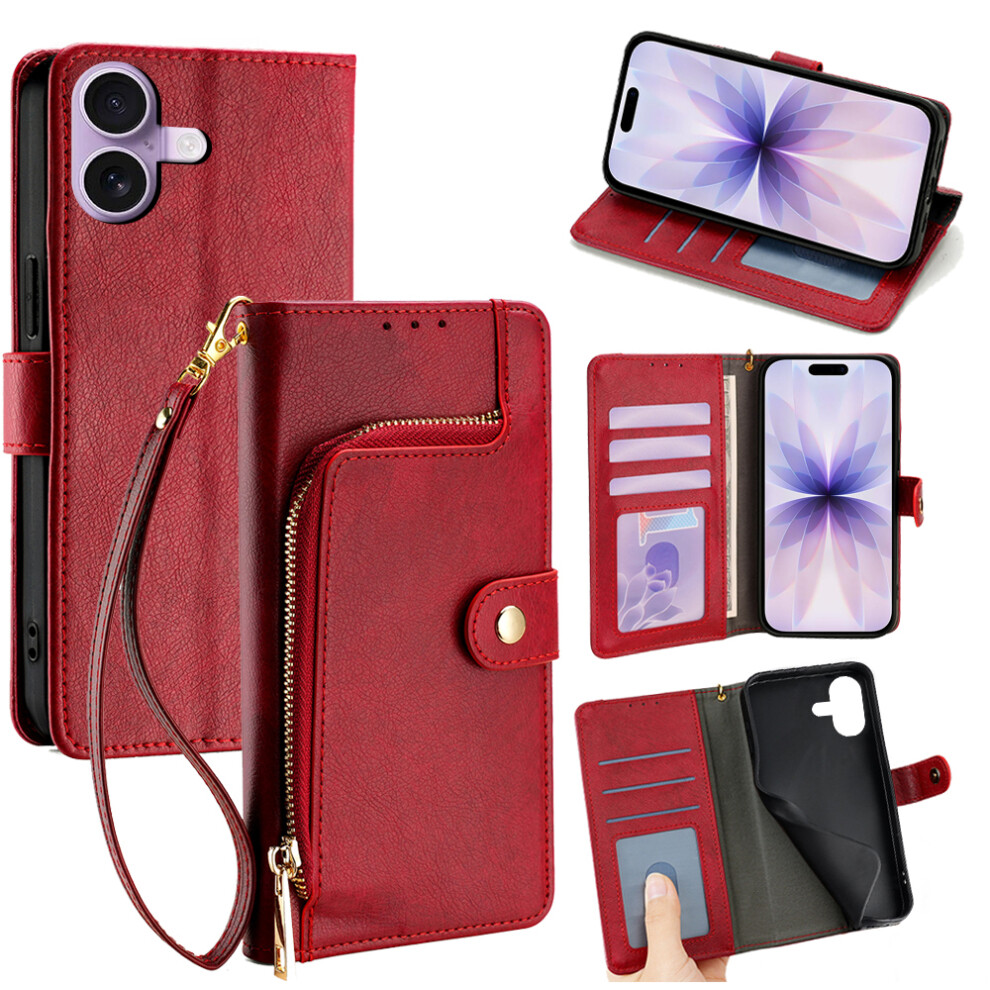 (Red) For Iphone 17 Case Zipper Pocket Pu Leather Wallet Flip Phone Cover Red 6914297803494