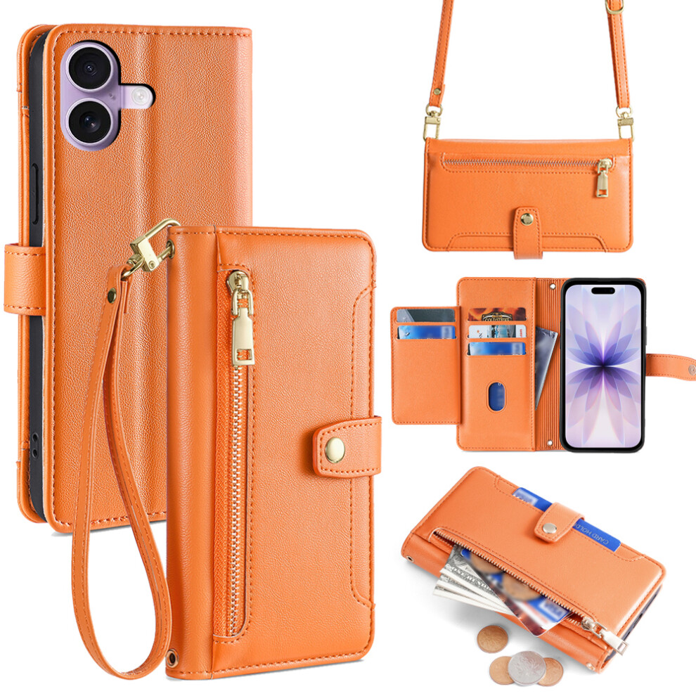 (Orange) For Iphone 17 Leather Case Zipper Pocket Wallet Phone Cover With 2 Straps Orange 6914299406679