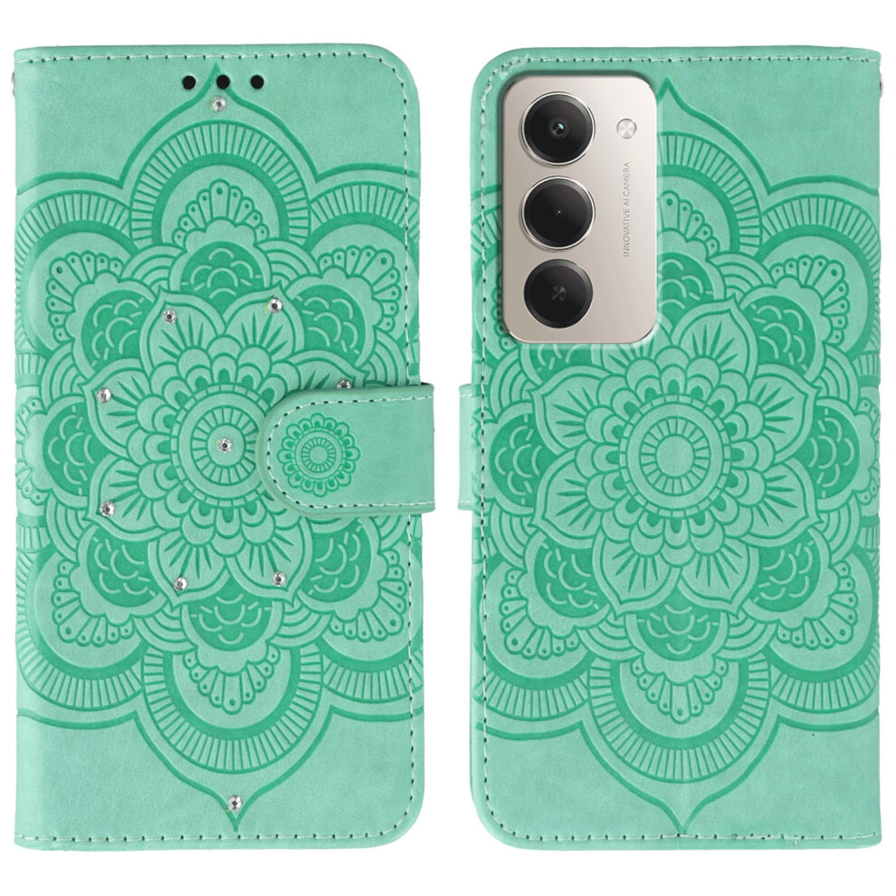 (Green) For Xiaomi Redmi 15 4G (Eu) (171Mm) Case Rhinestone Decor Pu Leather Mandala Imprint Phone Cover With Wrist Strap Green 6914295753210