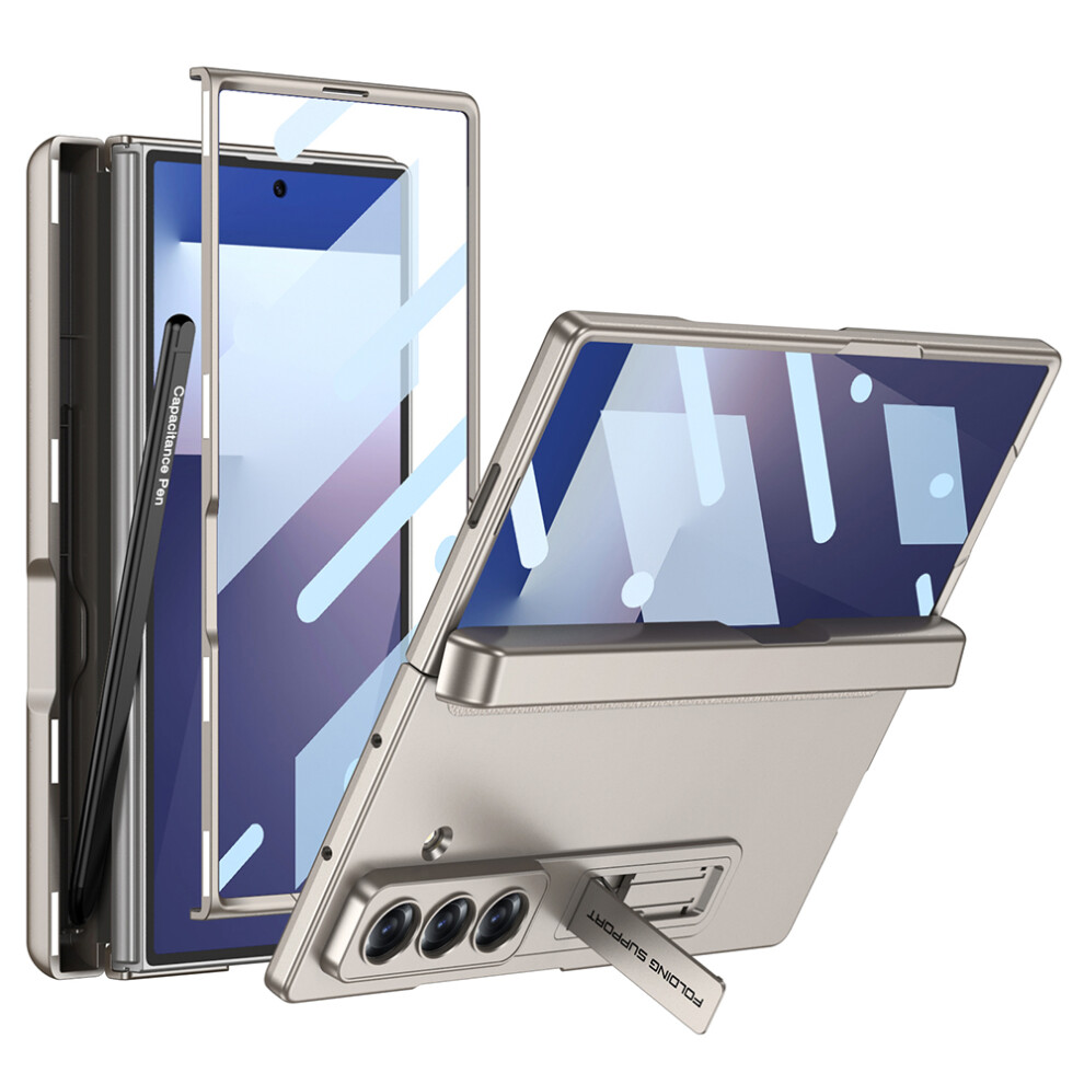 (Titanium ) Gkk For Samsung Galaxy Z Fold7 5G Case Magnetic Hinge Kickstand Pc Phone Cover With Tempered Glass Film (Without Stylus) Grey 6914290538225