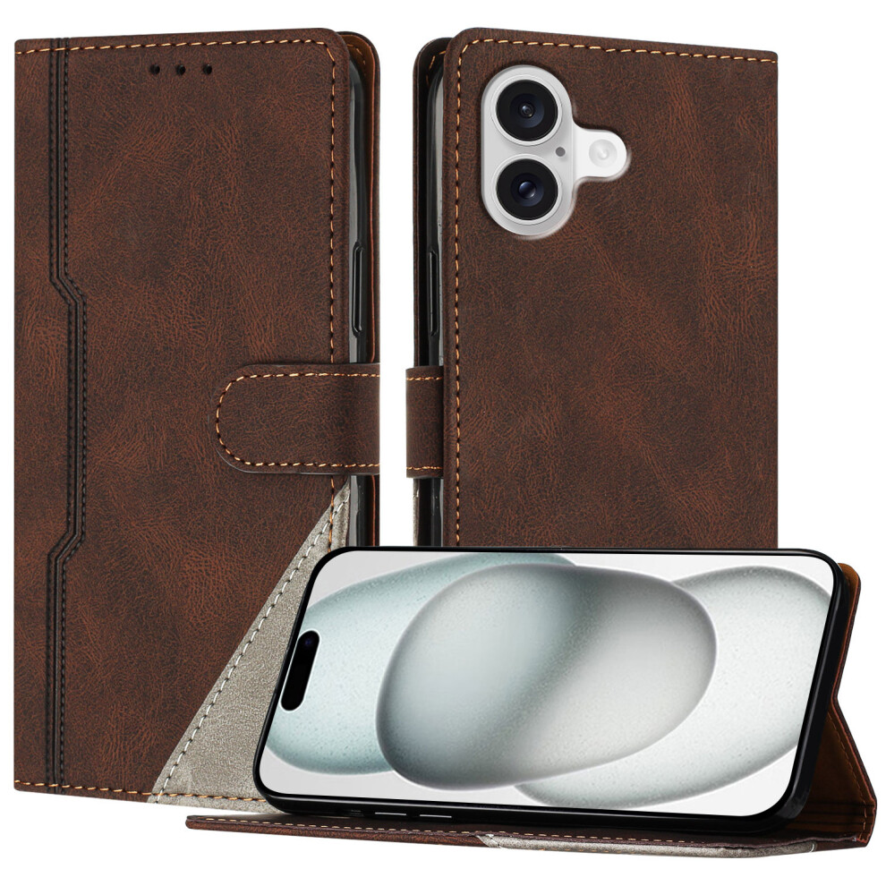 (Brown) For Iphone 17 Leather Case Triangle Patchwork Wallet Stand Shockproof Phone Cover Brown 6914295977135