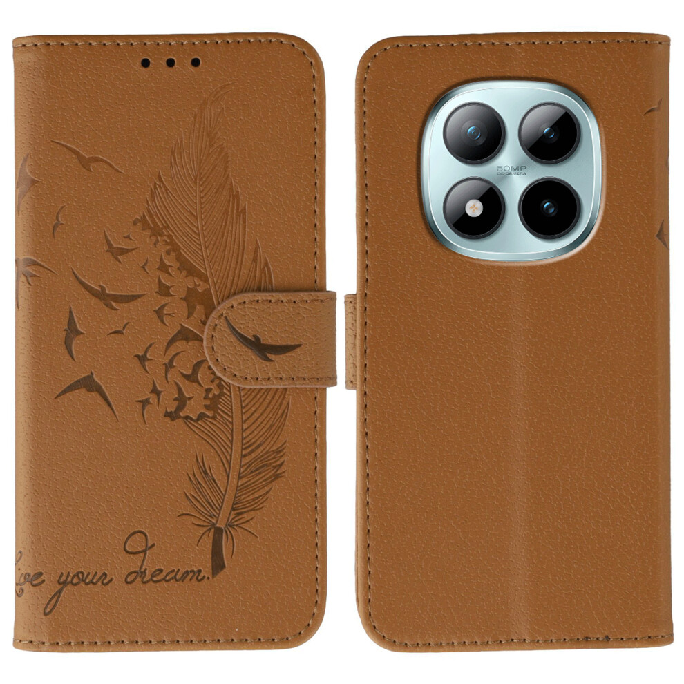 (Brown) For Xiaomi Redmi Poco M8 Pro 5G / Redmi Note 15 Pro+ 5G (Global) Case Feather Imprint Pu Leather Wallet Phone Cover Brown 6914297529721