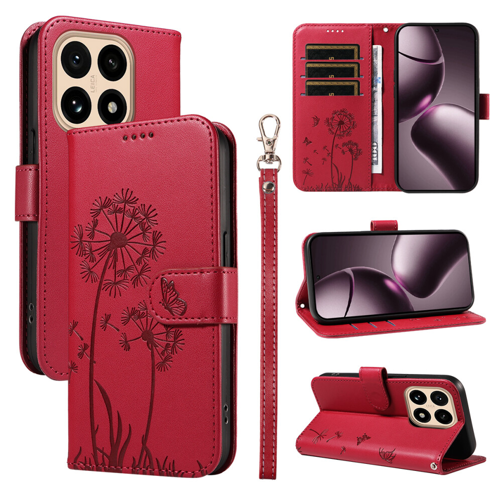 (Red) For Xiaomi 15T Leather Wallet Case With Strap Dandelion Imprint Phone Stand Cover Red 6914295486651