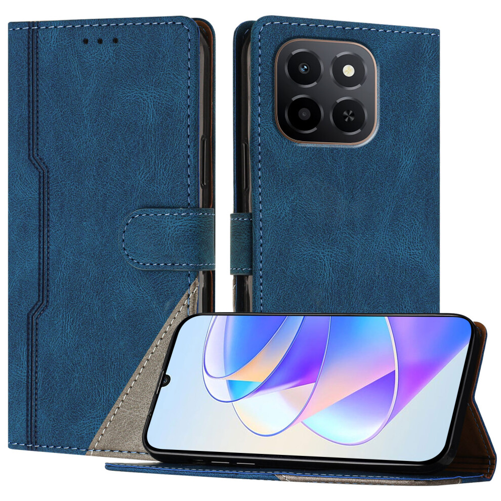 (Blue) For Honor X5b / Honor X5b Plus / Honor X6c 4G Leather Case Triangle Patchwork Wallet Stand Shockproof Phone Cover Blue 6914296758139