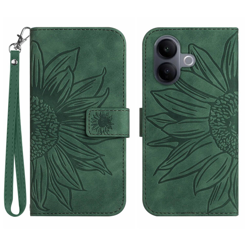 (Dark ) For Vivo V60 Lite 5G Case Sunflower Imprint Leather Wallet Phone Cover With Wrist Strap Green 6914293619679