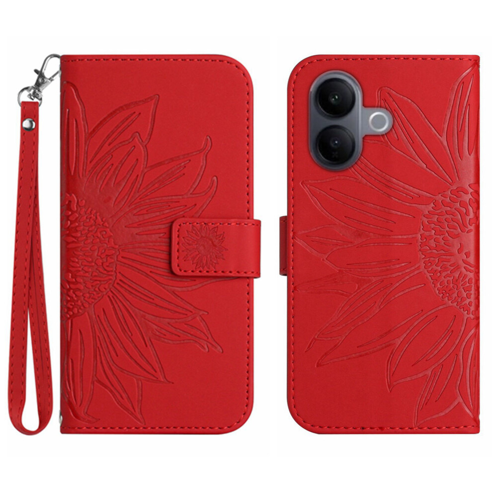 (Red) For Vivo V60 Lite 5G Case Sunflower Imprint Leather Wallet Phone Cover With Wrist Strap Red 6914296823554