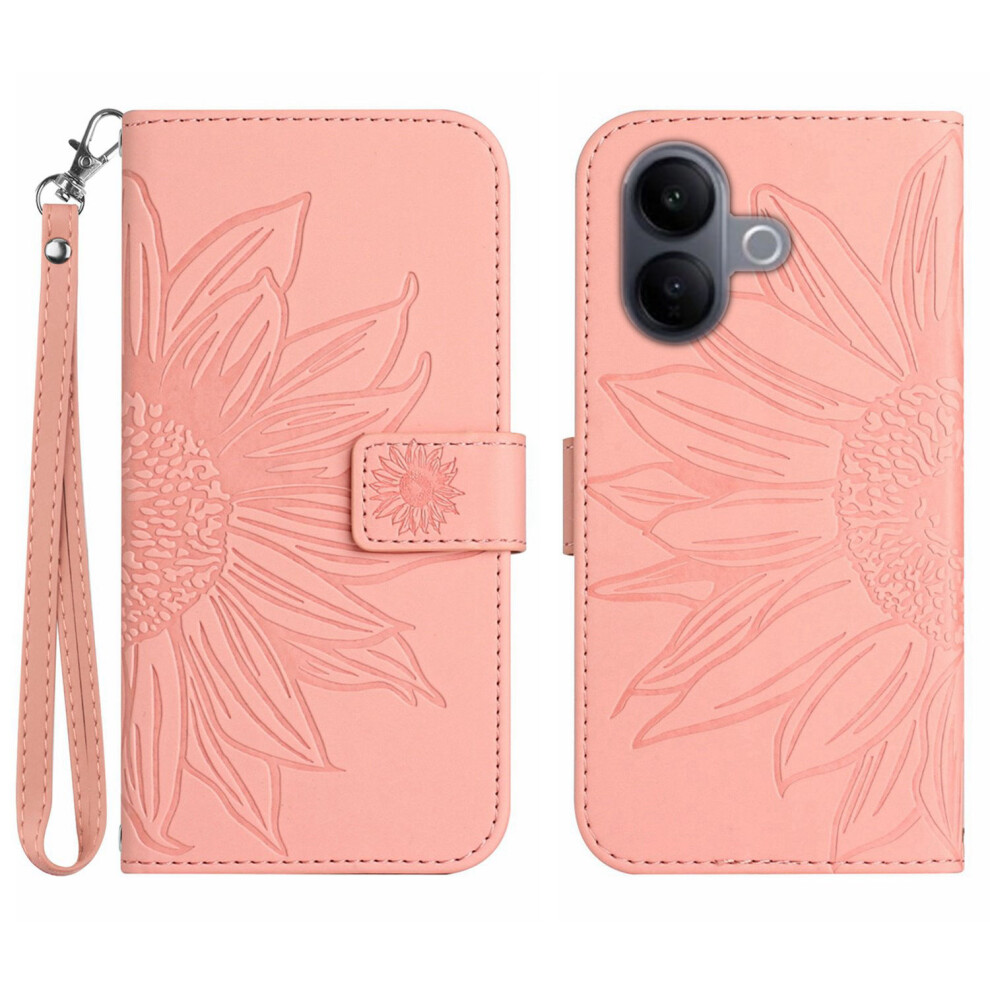 (Pink) For Vivo V60 Lite 5G Case Sunflower Imprint Leather Wallet Phone Cover With Wrist Strap Pink 6914294651685