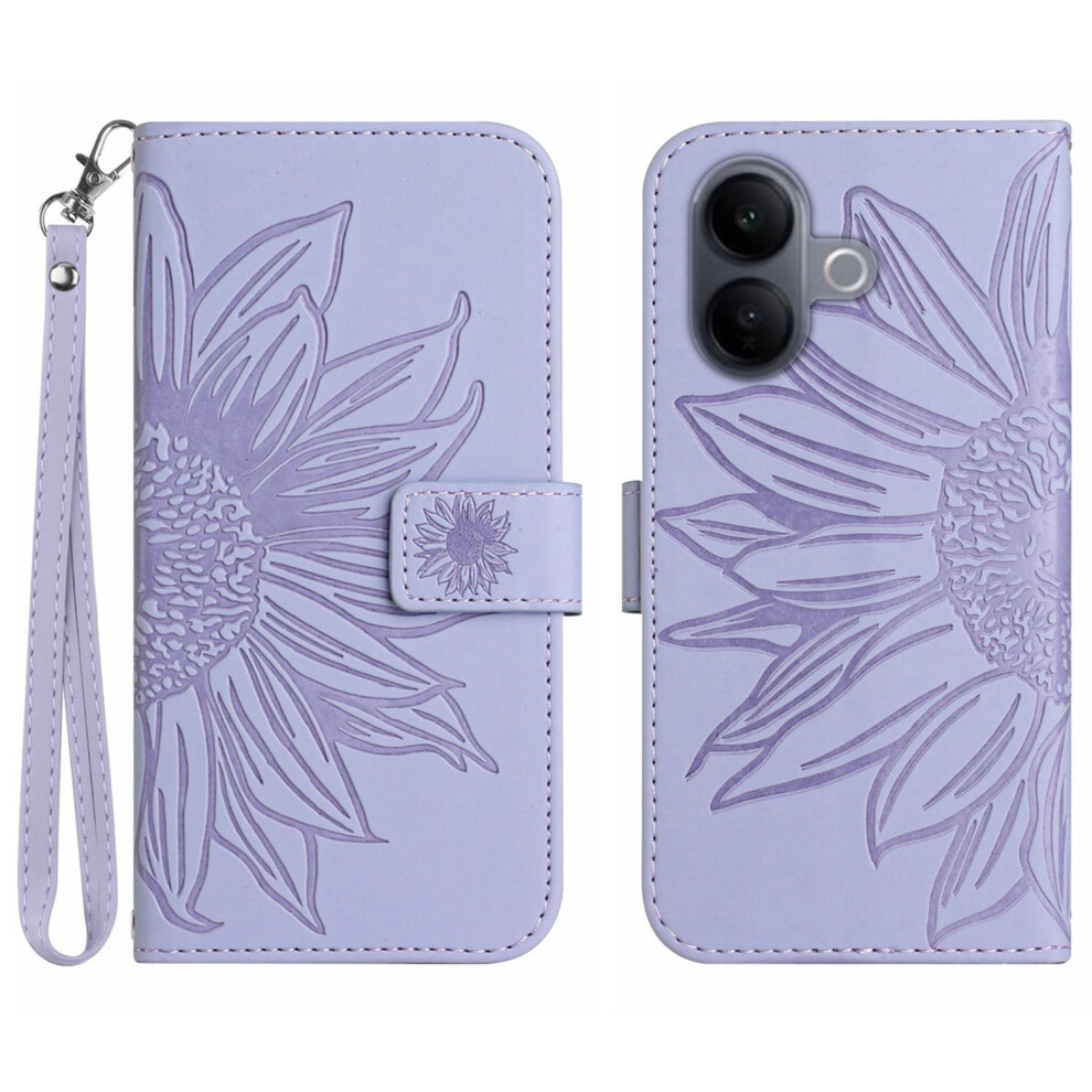 (Light ) For Vivo V60 Lite 5G Case Sunflower Imprint Leather Wallet Phone Cover With Wrist Strap Purple 6914292815980