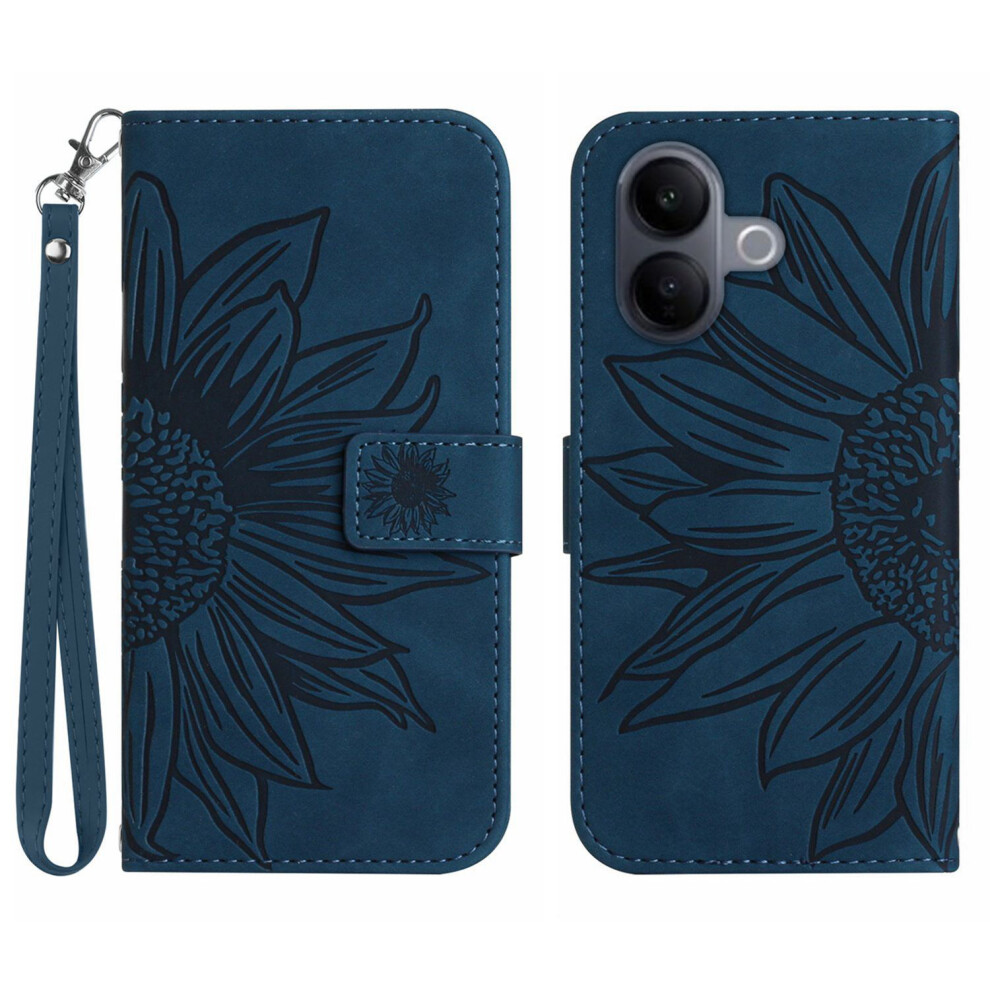 (Dark ) For Vivo V60 Lite 5G Case Sunflower Imprint Leather Wallet Phone Cover With Wrist Strap Blue 6914290722730