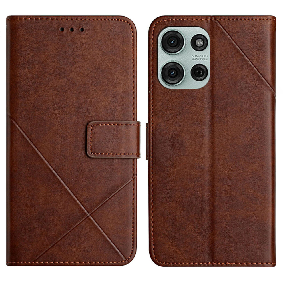 (Brown) For Motorola Moto G56 5G / G66j 5G / G66y 5G Case Line Pattern Wallet Leather Phone Cover With Wrist Strap Brown 6914294040809