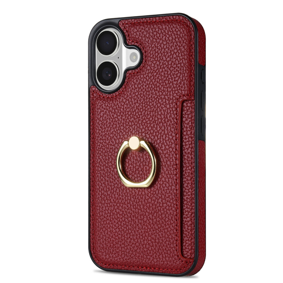(Red) For Iphone 17 Case Ring Kickstand Pu + Tpu Card Holder Phone Cover Red 6914296800296