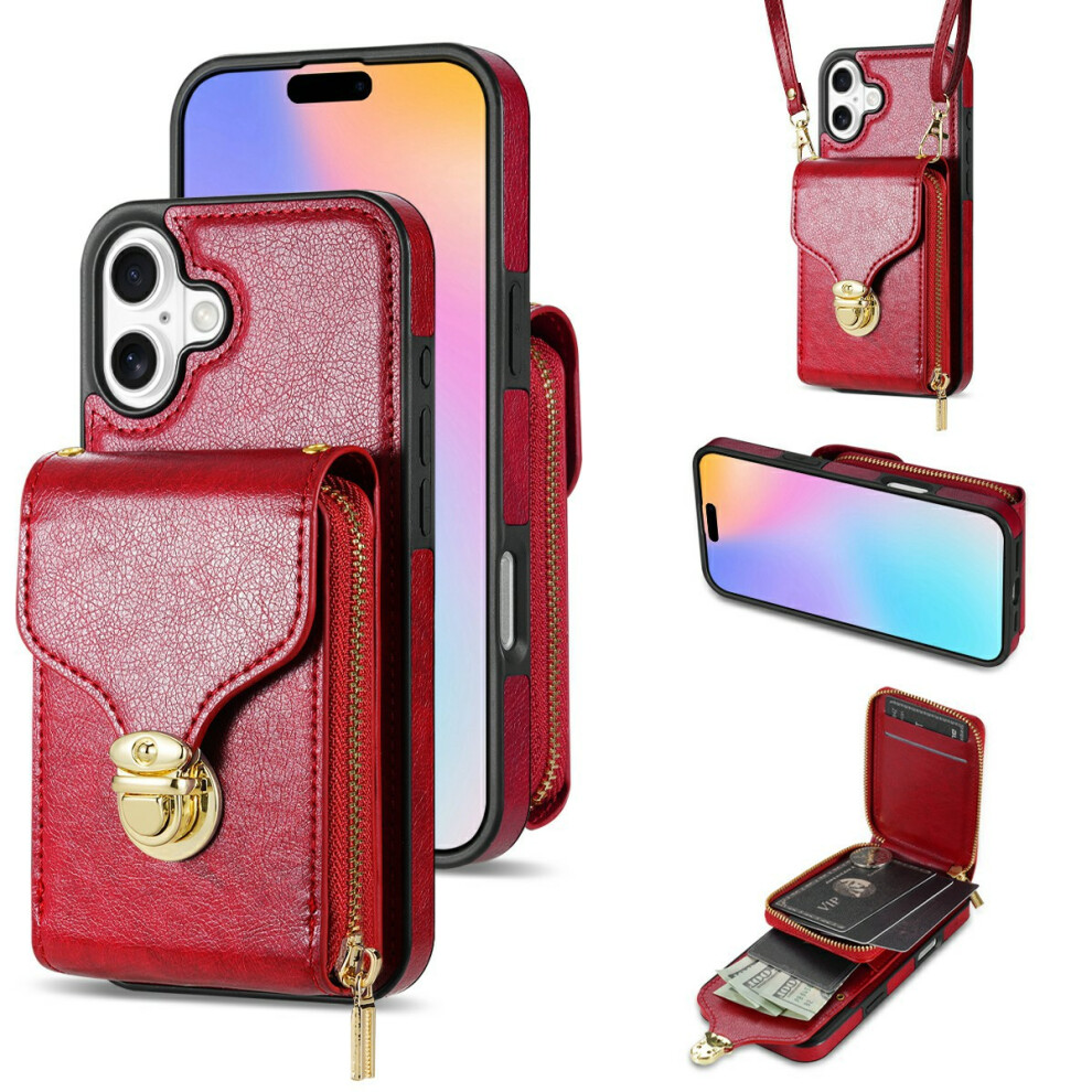 (Red) For Iphone 17 Case Zipper Wallet Leather + Tpu Phone Cover With Strap Red 6914290695546