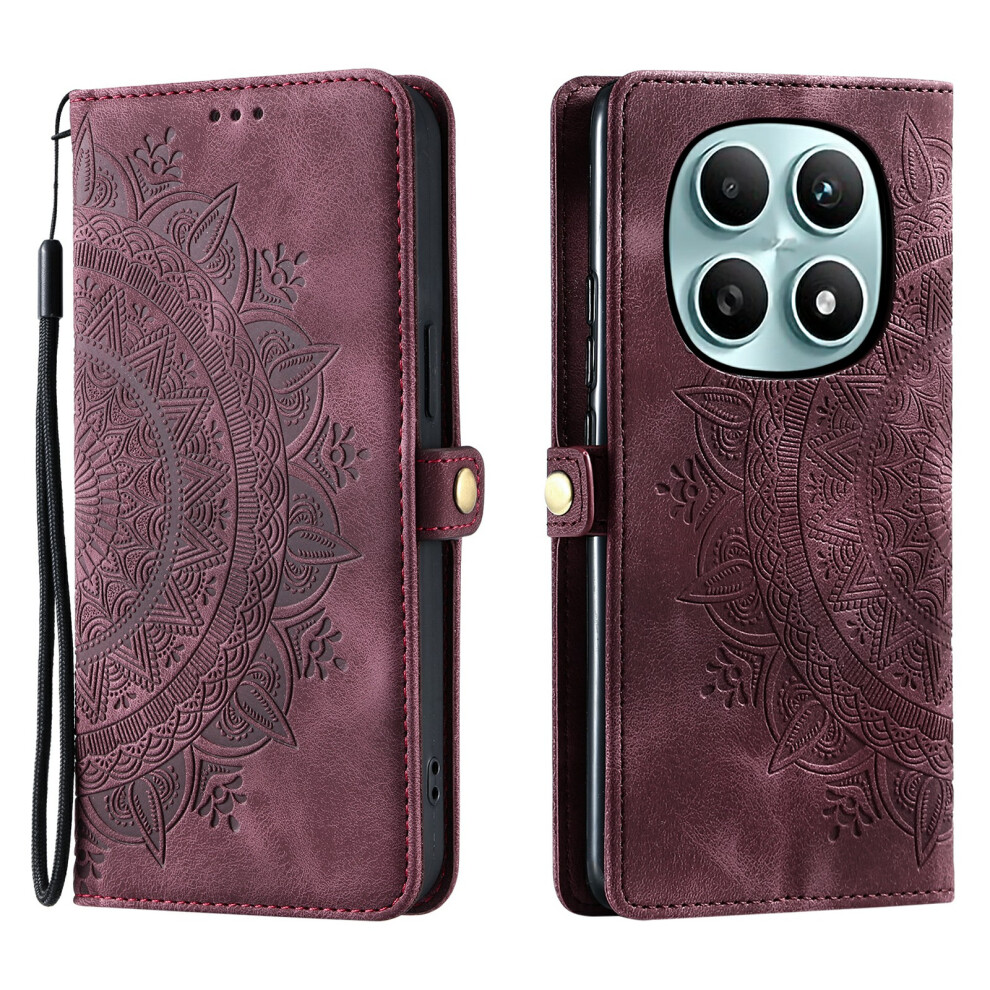 (Wine ) For Xiaomi Poco M8 5G / Mi Note 15 5G (Global) Case Skin Feel Totem Imprinted Wallet Leather Phone Cover With Hand Strap Red 6914290873975