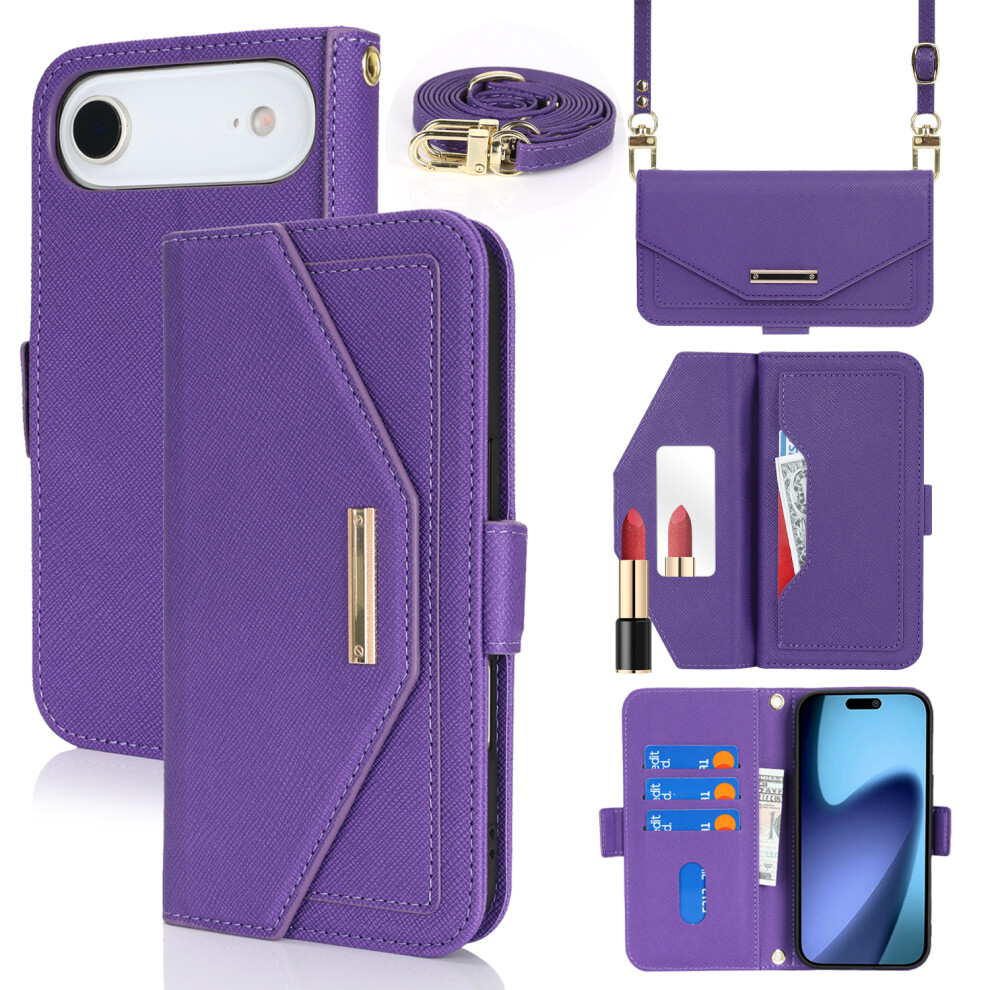 (Purple) For Iphone Air Stand Case Cross Texture Pu Leather Wallet Phone Cover With Shoulder Strap / Makeup Mirror Purple 6914292747519