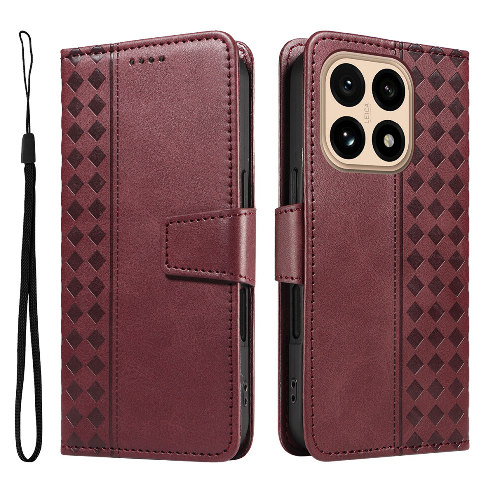 (Wine ) For Xiaomi 15T Leather Case Wallet Stand Grids Imprinted Phone Cover With Strap Red 6914290577279
