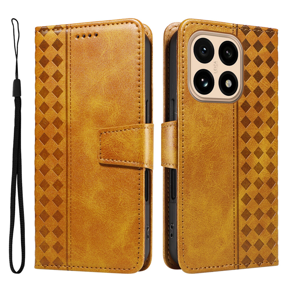 (Yellow) For Xiaomi 15T Leather Case Wallet Stand Grids Imprinted Phone Cover With Strap Yellow 6914296908640