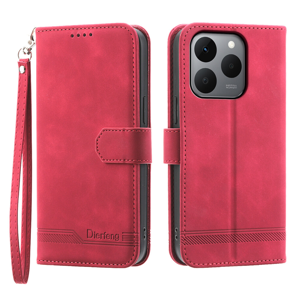 (Red) Dierfeng Df-03 For Realme 15T 5G Case Lines Imprint Wallet Leather Phone Cover With Wrist Strap Red 6914299190035