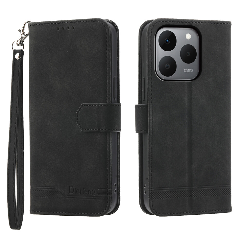 (Black) Dierfeng Df-03 For Realme 15T 5G Case Lines Imprint Wallet Leather Phone Cover With Wrist Strap Black 6914292503610