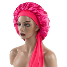 Women's satin night cap wide brim elastic rose red