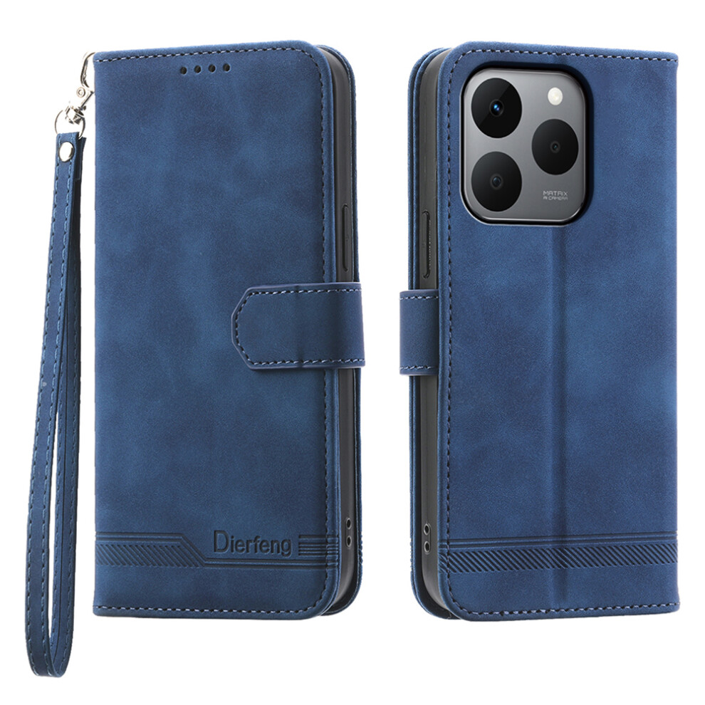 (Blue) Dierfeng Df-03 For Realme 15T 5G Case Lines Imprint Wallet Leather Phone Cover With Wrist Strap Blue 6914292609299