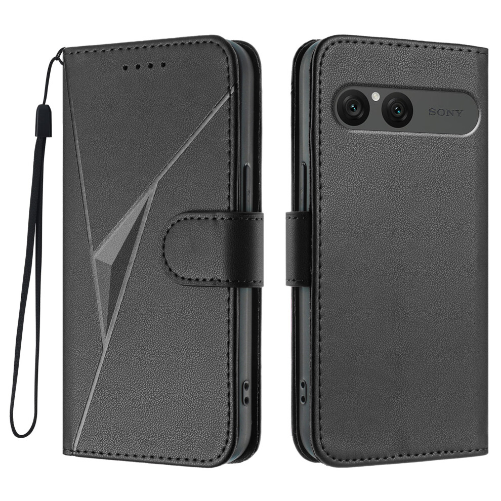 (Black) For Sony Xperia 10 Vii Case Triangle Imprint Leather Phone Cover With Lanyard Black 6914292152627