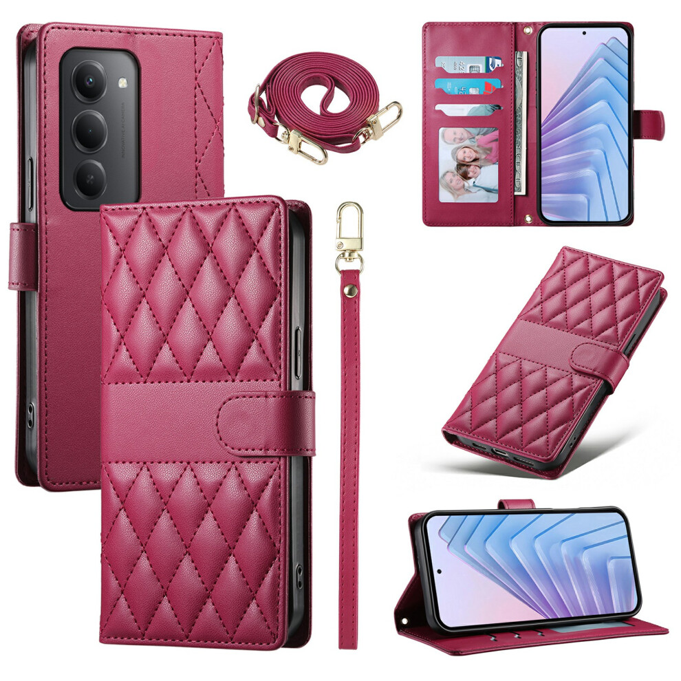 (Red) For Xiaomi Mi 15 4G (Eu) (171Mm) Wallet Case Rhombus Stitching Stand Leather Phone Cover With Long / Short Strap Red 6914292661136