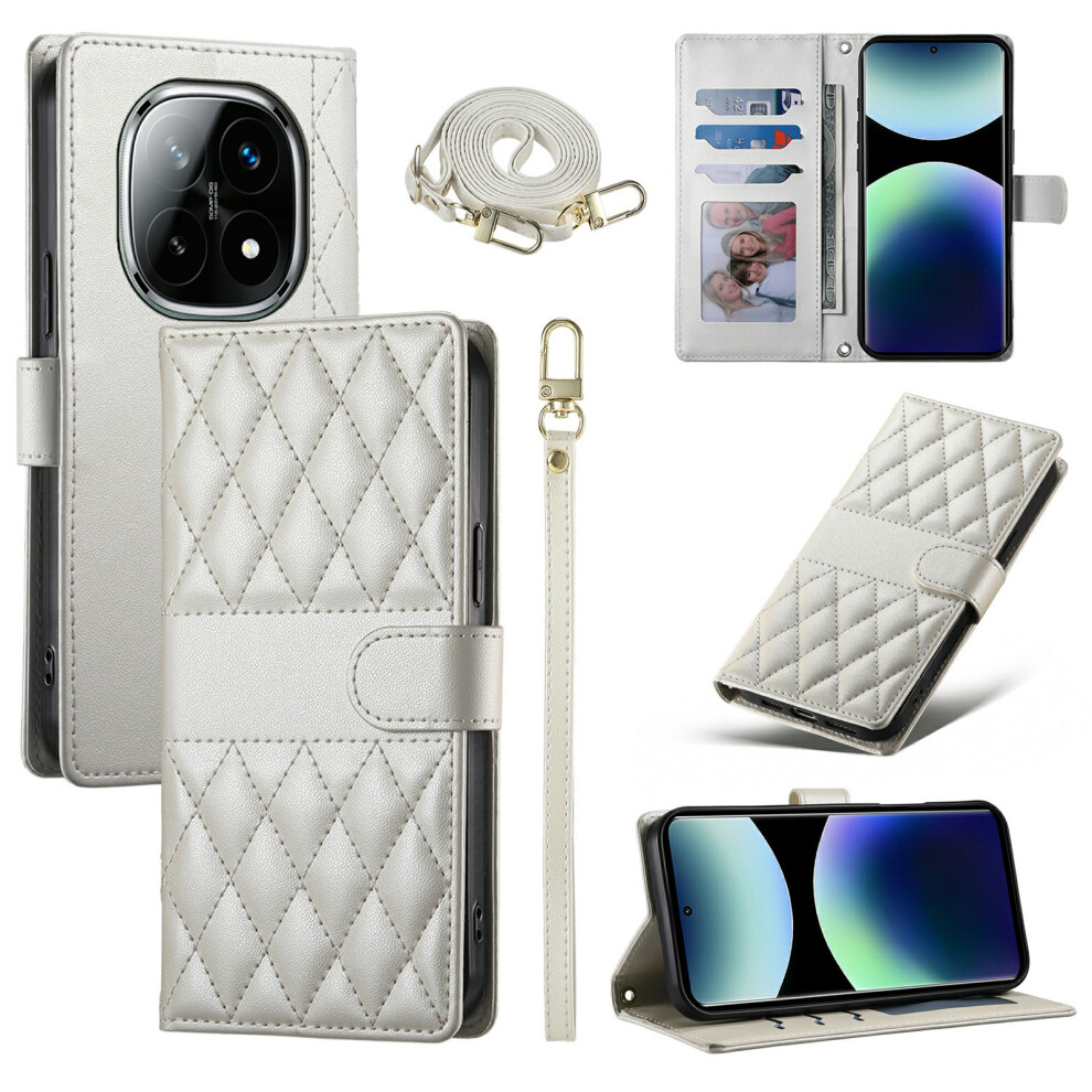 (Beige) For Xiaomi Poco M8 5G / Redmi Note 15 5G (Global) Wallet Case Rhombus Stitching Stand Leather Phone Cover With Long / Short Stra Cream 6914298822401