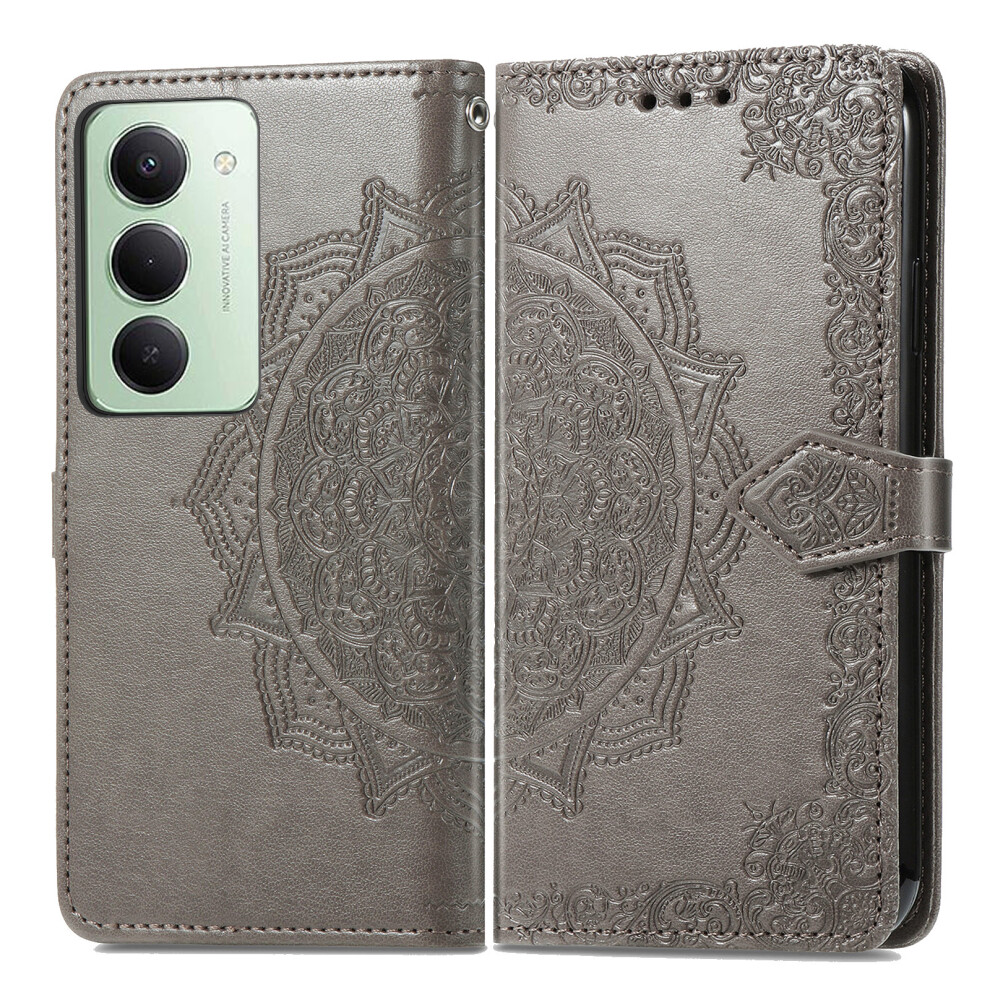 (Grey) For Xiaomi Redmi 15 5G (Global) (169Mm) Case Wallet Mandala Flower Leather Phone Cover Stand View Grey 6914293941169