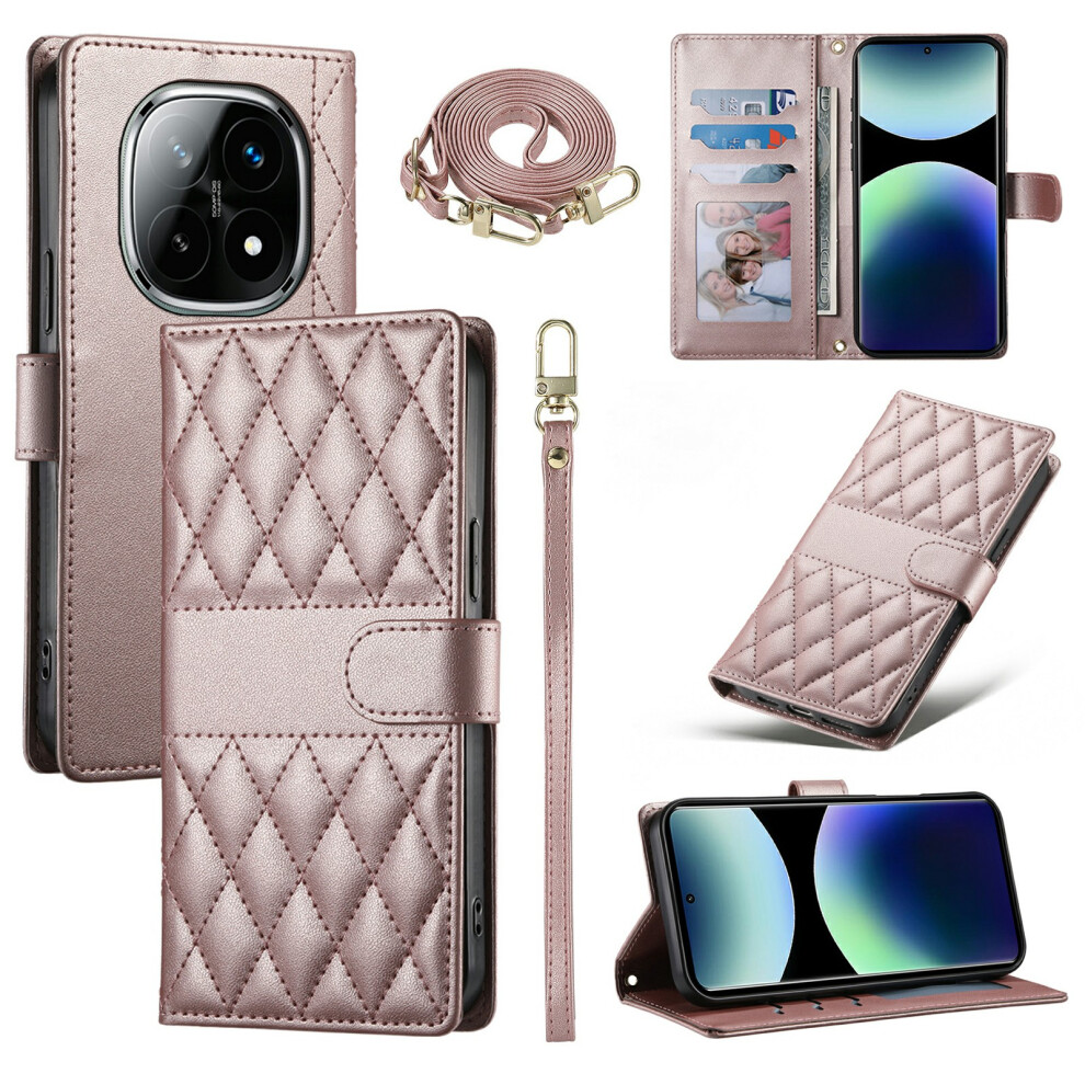 (Rose ) For Xiaomi Poco M8 5G / Redmi Note 15 5G (Global) Wallet Case Rhombus Stitching Stand Leather Phone Cover With Long / Short Stra Gold 6914293402479