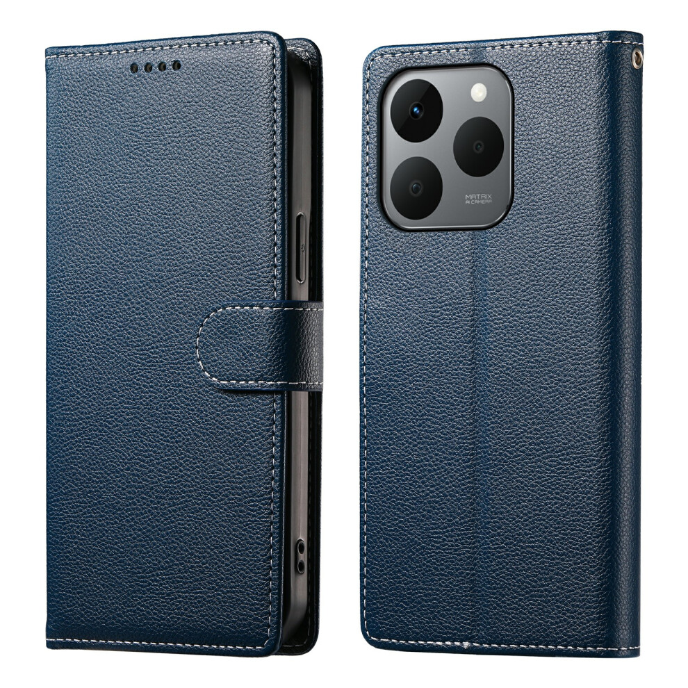 (Dark ) For Realme 15T 5G Case Magnetic Snap Litchi Texture Leather Wallet Phone Cover With Wrist Strap Blue 6914291205492