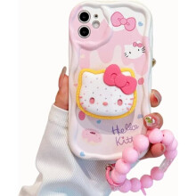 Capa fofa de gatinho compatível com iPhone 11, capa de TPU rosa com desenho animado kawaii, suporte e pingente.