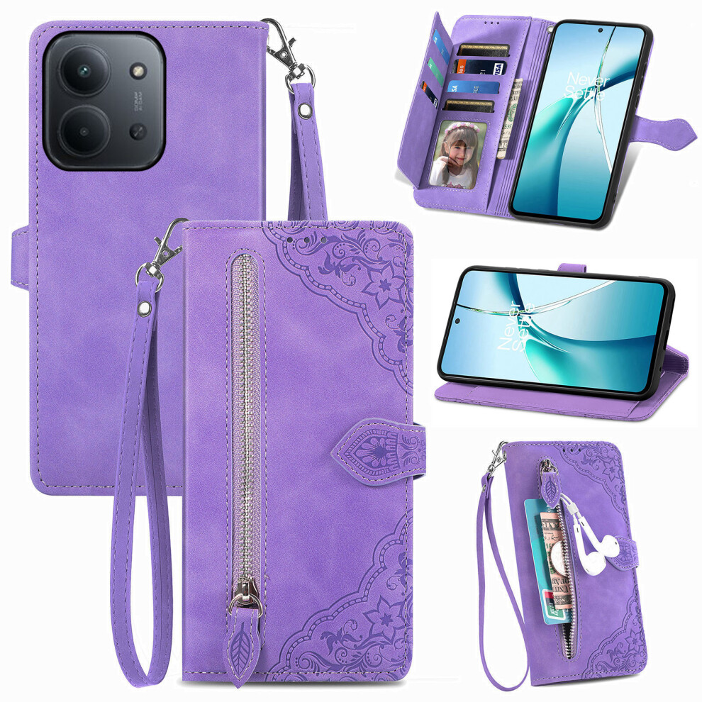 (Light ) Zipper Wallet Case With Strap For Xiaomi Redmi 15C 5G (Eu) (173Mm) / 4G (Eu) (173Mm) / Poco C85 4G (173Mm) Flower Imprint Leat Purple 6914291011239