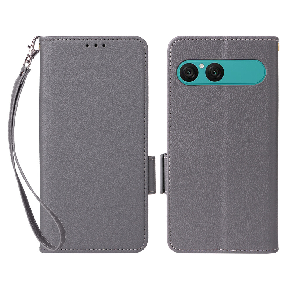 (Grey) For Sony Xperia 10 Vii Case Litchi Texture Wallet Leather Phone Cover With Wrist Strap Grey 6914294165373