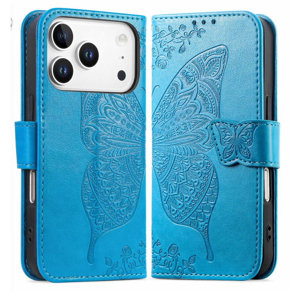 (Blue) For Iphone 17 Pro Max Case With Strap Butterfly Pattern Pu Leather Wallet Phone Cover Blue 6914297589534