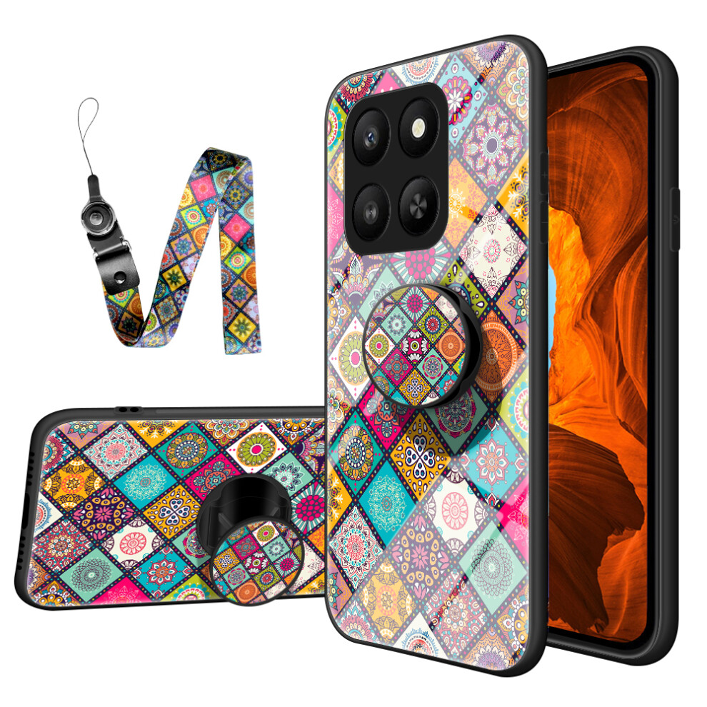 (Checkered Pattern) For Honor 400 Smart 5G / X7d 4G Case Kickstand Ethnic Pattern Tempered Glass Phone Cover With Strap 6914298461983